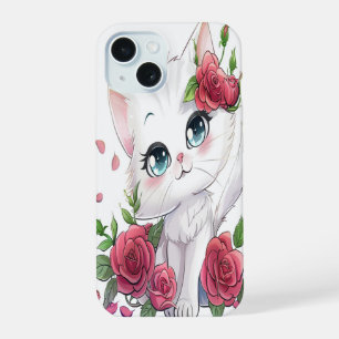 Süße weiße Cartoon-Katze mit Rosen iPhone-Hülle iPhone 15 Hülle