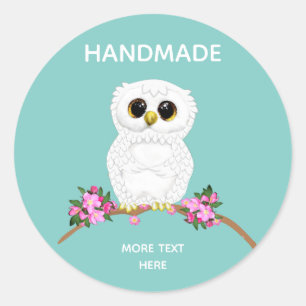 Süße weiße Eule auf hell türkis Handmade Runder Aufkleber