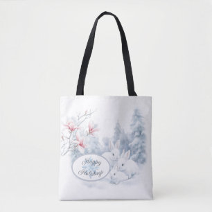 Süße weiße Kaninchen im Schnee Winterurlaub Tasche