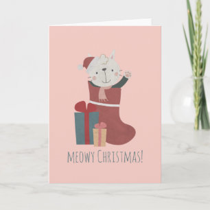 Süße weiße Katze in Weihnachts-Socken Karte