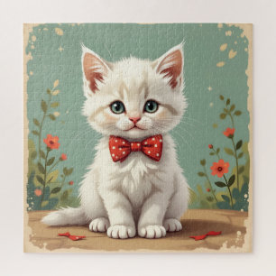 Süße weiße Katze mit Fliege Puzzle