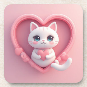 Süße weiße Katze mit Herz Kawaii Kitty Liebesdesig Getränkeuntersetzer