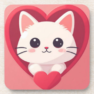 Süße weiße Katze mit Herz Kawaii Kitty Liebesdesig Getränkeuntersetzer