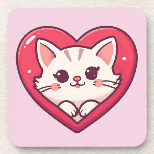 Süße weiße Katze mit Herz Kawaii Kitty Liebesdesig Getränkeuntersetzer