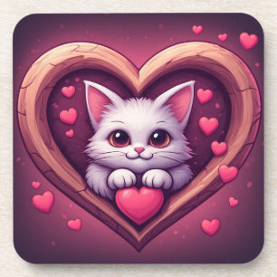 Süße weiße Katze mit Herz Kawaii Kitty Liebesdesig Getränkeuntersetzer