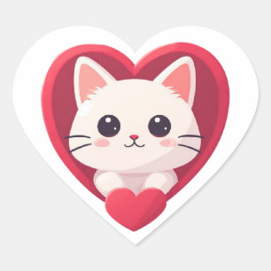 Süße weiße Katze mit Herz Kawaii Kitty Liebesdesig Herz-Aufkleber