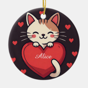 Süße weiße Katze mit Herz Kawaii Kitty Liebesdesig Keramik Ornament