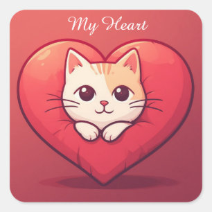 Süße weiße Katze mit Herz Kawaii Kitty Liebesdesig Quadratischer Aufkleber