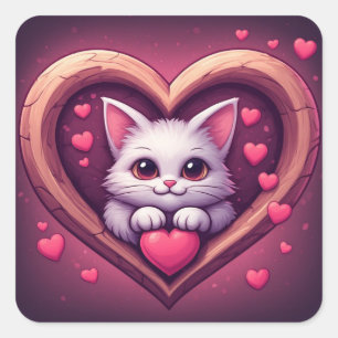 Süße weiße Katze mit Herz Kawaii Kitty Liebesdesig Quadratischer Aufkleber