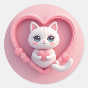 Süße weiße Katze mit Herz Kawaii Kitty Liebesdesig Runder Aufkleber