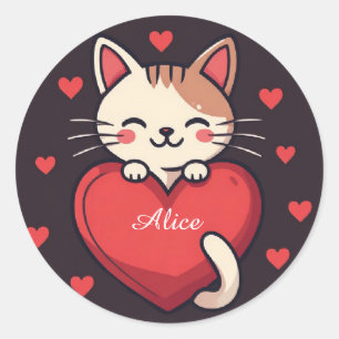 Süße weiße Katze mit Herz Kawaii Kitty Liebesdesig Runder Aufkleber