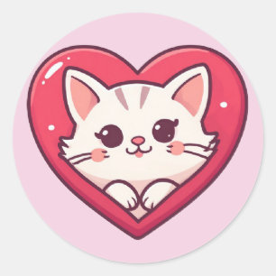 Süße weiße Katze mit Herz Kawaii Kitty Liebesdesig Runder Aufkleber