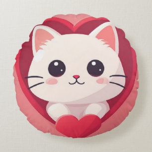 Süße weiße Katze mit Herz Kawaii Kitty Liebesdesig Rundes Kissen