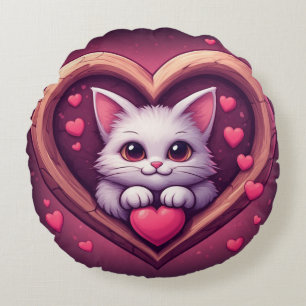 Süße weiße Katze mit Herz Kawaii Kitty Liebesdesig Rundes Kissen