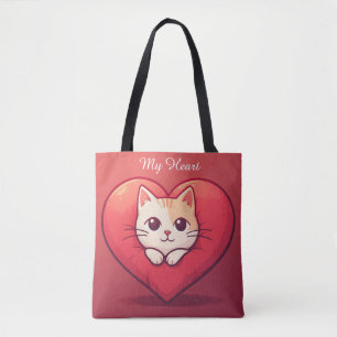 Süße weiße Katze mit Herz Kawaii Kitty Liebesdesig Tasche