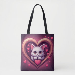 Süße weiße Katze mit Herz Kawaii Kitty Liebesdesig Tasche