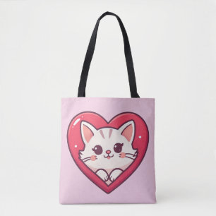 Süße weiße Katze mit Herz Kawaii Kitty Liebesdesig Tasche