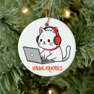 Süße weiße Katze mit roten Kopfhörern Laptop Keramik Ornament