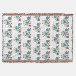 Süße weiße Katze strickt blaue Wolle Hobby Grafik Decke
