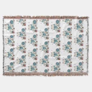 Süße weiße Katze strickt blaue Wolle Hobby Grafik Decke