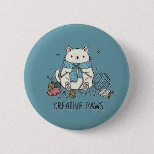 Süße weiße Katze strickt blaues Garn Hobby Designe Button
