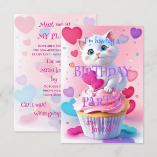 Süße weiße Katze und Cupcake Mädchen-Geburtstagsfe Einladung