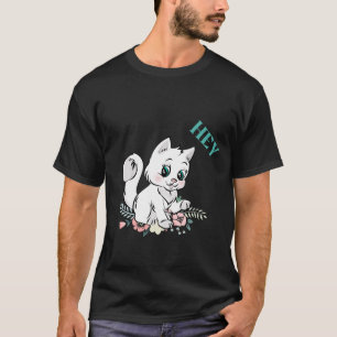Süße weiße Katzen-Cartoon mit Blumen-Design T-Shirt