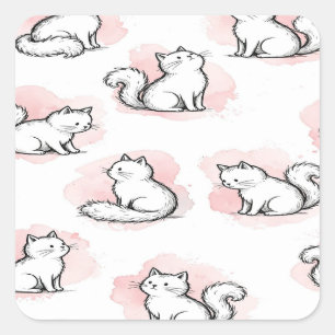 Süße weiße Katzen rosa Wasserfarben-Muster Kawaii- Quadratischer Aufkleber