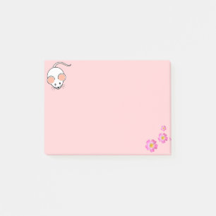 Süße weiße Maus & rosa Blumen auf Rosa Post-it Klebezettel