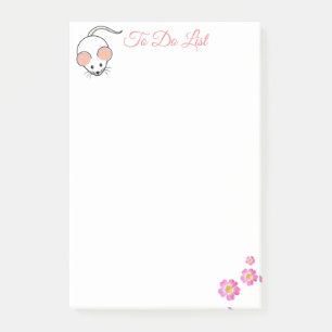Süße weiße Maus & rosa Blumen auf Weiß Post-it Klebezettel