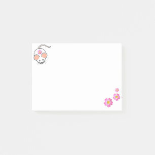 Süße weiße Maus & rosa Blumen auf weißem Post-it Klebezettel