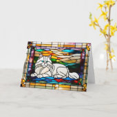 Süße weiße Perserkatze in Buntglas Karte (Gelbe Blume)