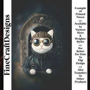 Süße Weiße Steampunk Dieselpunk Katze AQ8 Decoupag Seidenpapier