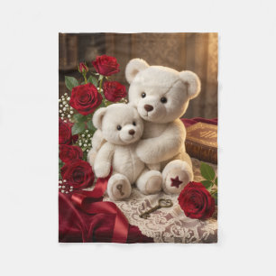 Süße weiße Teddybären mit roten Blumen Kunst Fleec Fleecedecke