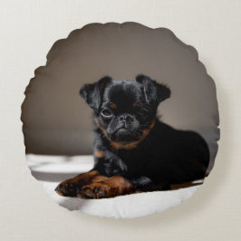 Süße Welpe auf dem Kissen. Rundes Kissen