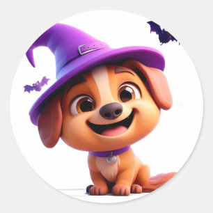 Süße Welpen-Hexenhut-Halloween-Runde-Hund-Design Runder Aufkleber