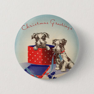 Süße Welpen, Vintage-Weihnachtsgrüße Button