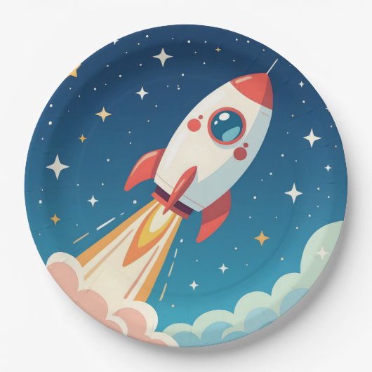 Süße Weltraumrakete beim Start Pappteller (Vorderseite)