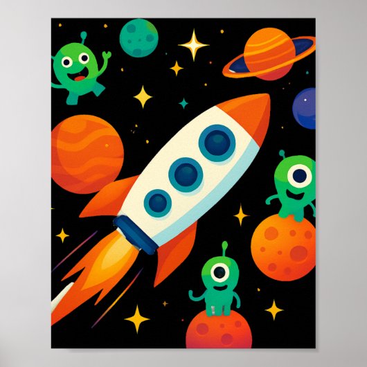 Süße Weltraumrakete und Außerirdische Kunst Poster (Vorne)