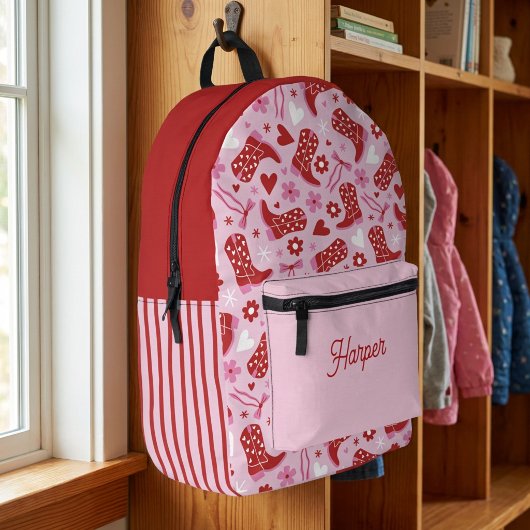 Süße Western-Cowgirl-Stiefel & Bows Retro Rosa Rot Bedruckter Rucksack