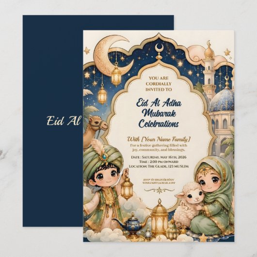 Süße Whimsical Eid Al Adha Chibi Mubarak Einladung (Vorne/Hinten)