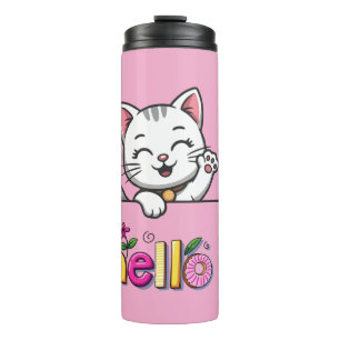 Süße winkende Katze Hallo Rosa Thermotumbler Thermosbecher