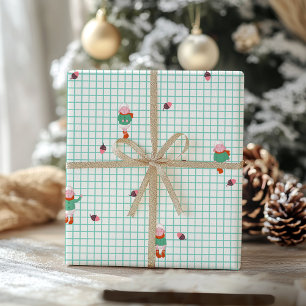 Süße Winter-Schafe & Eicheln auf Minz-Gitter - Wei Geschenkpapier