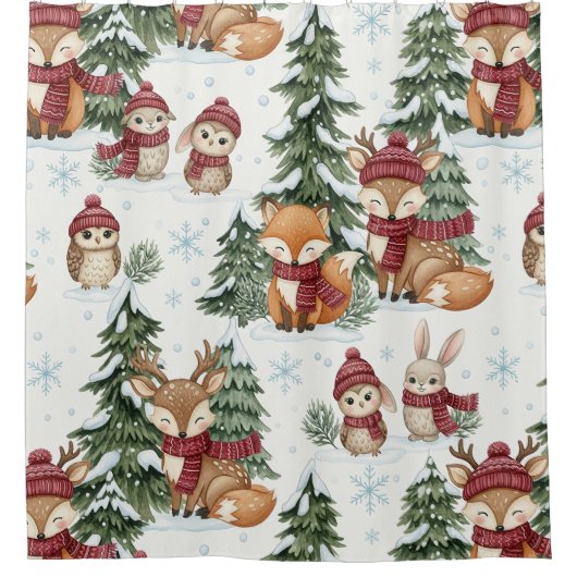 Süße Winter-Waldtiere Weihnachtsmuster Duschvorhang (Vorderseite)