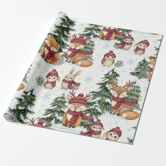 Süße Winter-Waldtiere Weihnachtsmuster Geschenkpapier (Ungerollt)