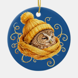 Süße Wintereule Gelbe Strickmütze Weihnachtsorname Keramik Ornament