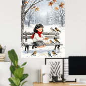 Süße Wintermädchen-Fütterung-Vögel-Kinderzimmer-Wa Poster (Heimbüro)