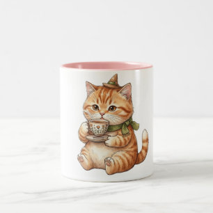 Süße Zauberkatze trinkt Tee Vintage-Wasserfarbe Ar Zweifarbige Tasse