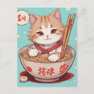 Süße Zeichentrickkatze, die Nudeln mit chinesische Feiertagspostkarte