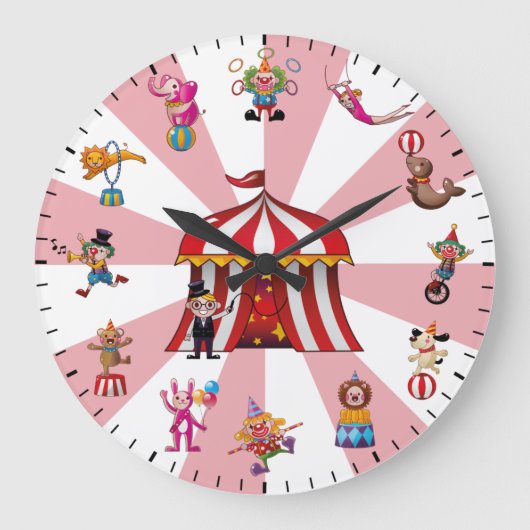 Süße Zirkusclowns und Tiere Thema Große Wanduhr (Vorderseite)